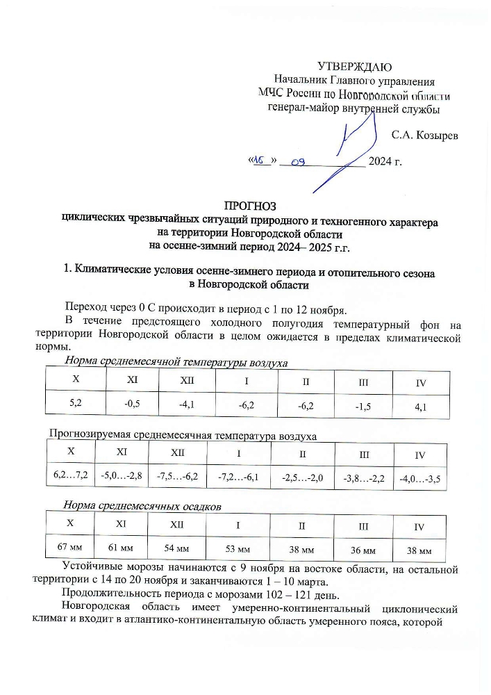 Прогноз циклических чрезвычайных ситуаций природного и техногенного характера на территории Новгородской области на осенне-зимний период 2024-2025 годов
